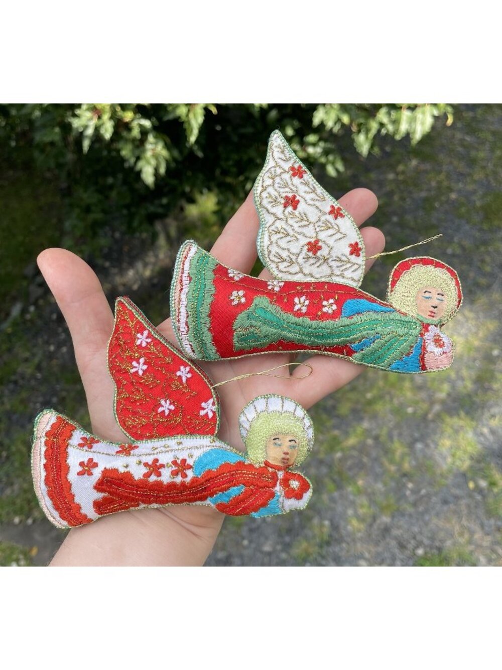 Pair of Vintage Embroidered Angel Christmas Tree Holiday Decor Fabric Ornaments